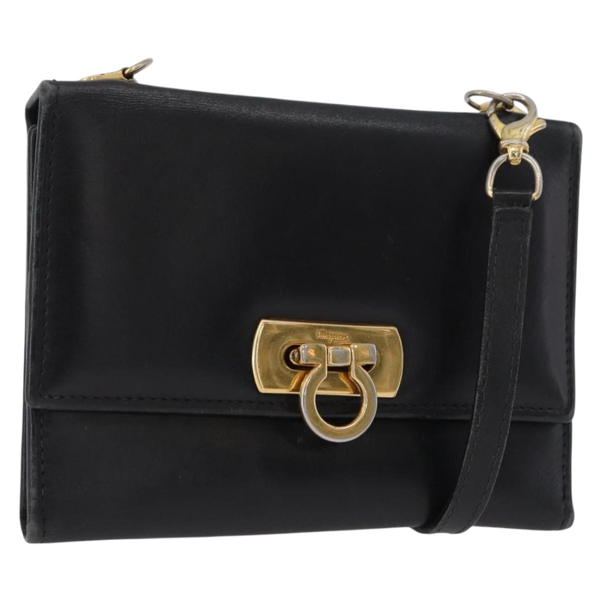 Salvatore Ferragamo Gancini Shoulder Bag Leather Gold Black Auth 173272