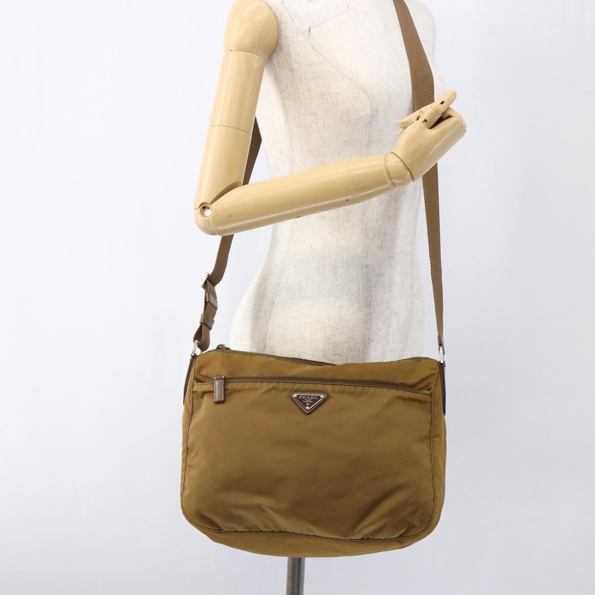 PRADA Shoulder Bag Nylon Beige Silver Auth 173279