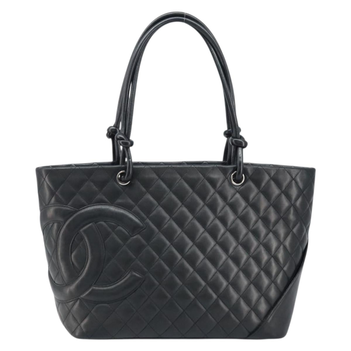 CHANEL Cambon Line Matelasse Tote Bag Lamb Skin Black Silver CC Auth 173305SAM