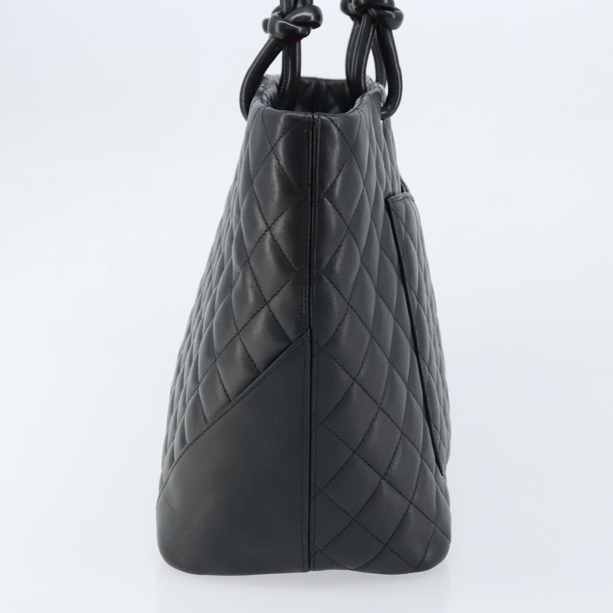 CHANEL Cambon Line Matelasse Tote Bag Lamb Skin Black Silver CC Auth 173305SAM