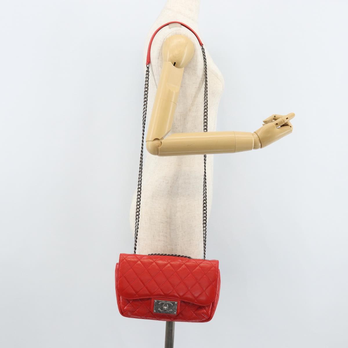 CHANEL Matelasse 25 Chain Shoulder Bag Calf Skin Red CC Auth 173308V