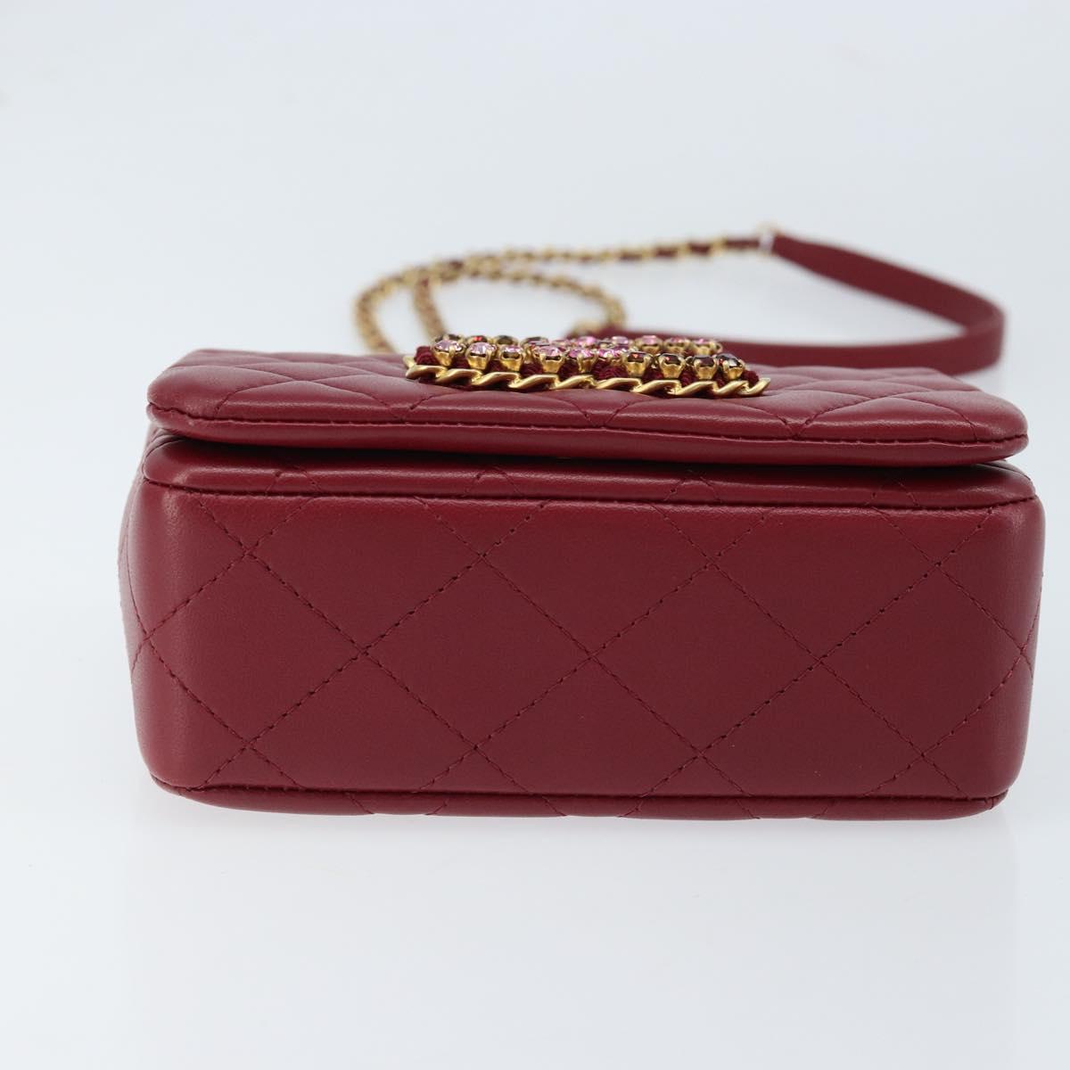 CHANEL Chain Matelasse Shoulder Bag Lamb Skin Red Gold CC Auth 173310SM
