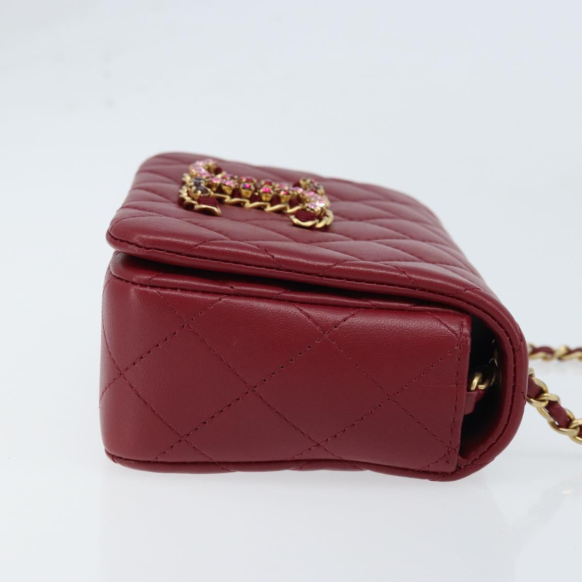 CHANEL Chain Matelasse Shoulder Bag Lamb Skin Red Gold CC Auth 173310SM