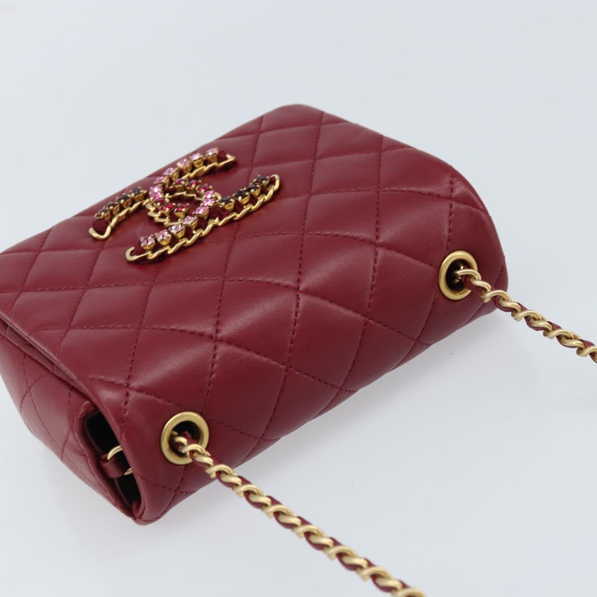 CHANEL Chain Matelasse Shoulder Bag Lamb Skin Red Gold CC Auth 173310SM