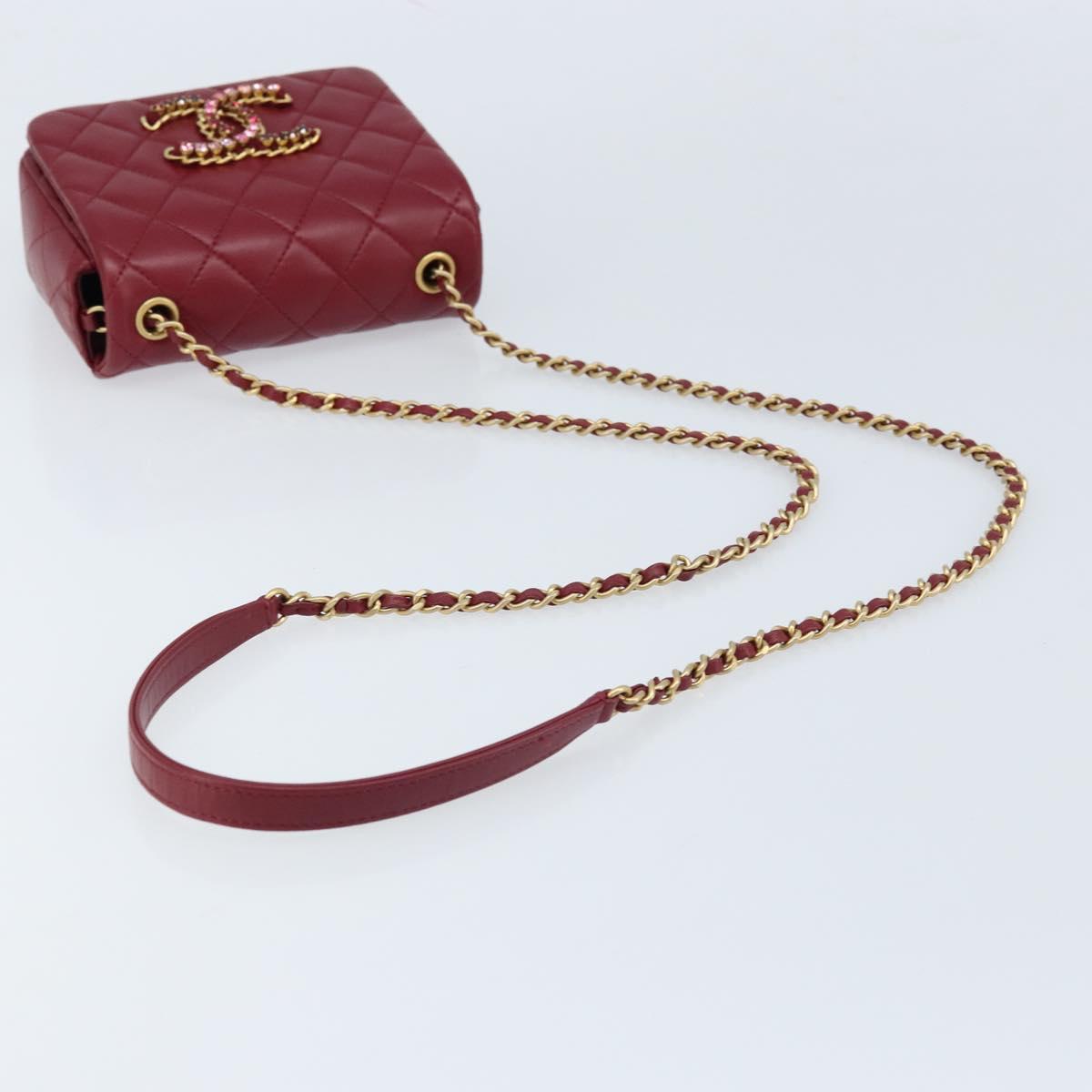 CHANEL Chain Matelasse Shoulder Bag Lamb Skin Red Gold CC Auth 173310SM
