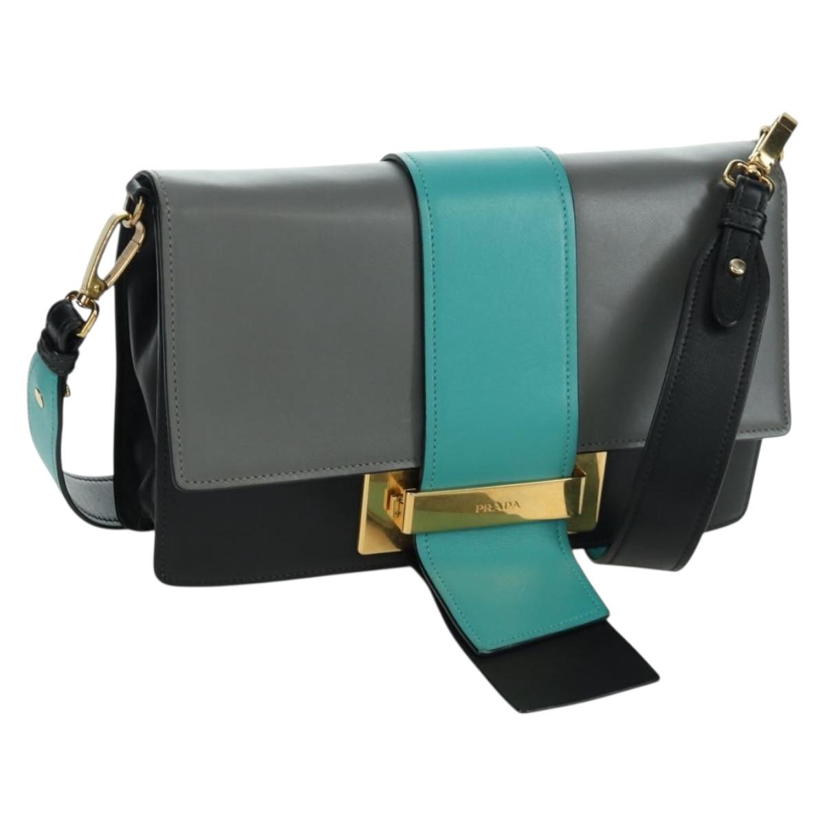 PRADA Shoulder Bag Leather Gray Gold Auth 173314V