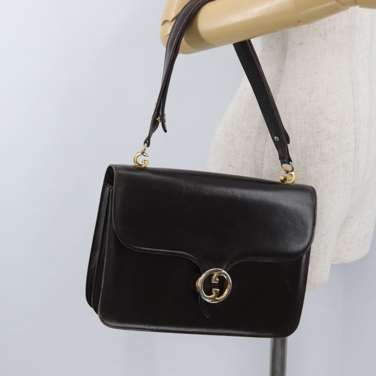 GUCCI Shoulder Bag Leather Brown Gold Auth 173328