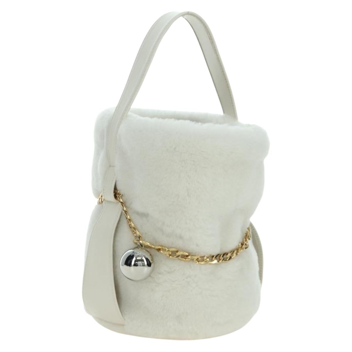PRADA Hand Bag Fur White Gold Auth 173332SM