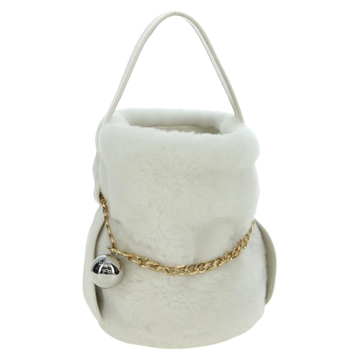 PRADA Hand Bag Fur White Gold Auth 173332SM