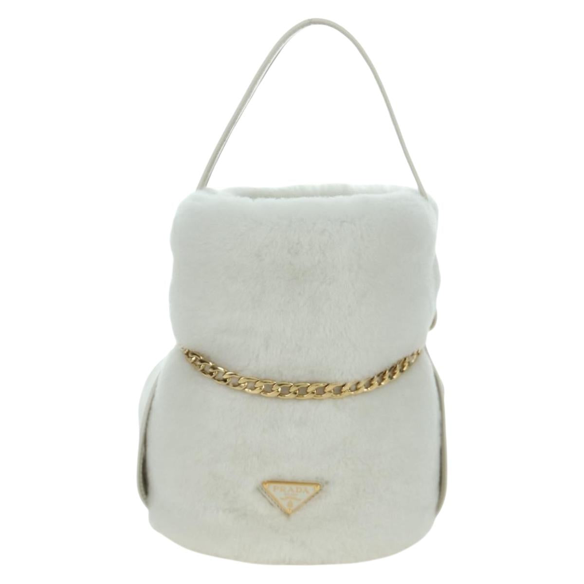 PRADA Hand Bag Fur White Gold Auth 173332SM