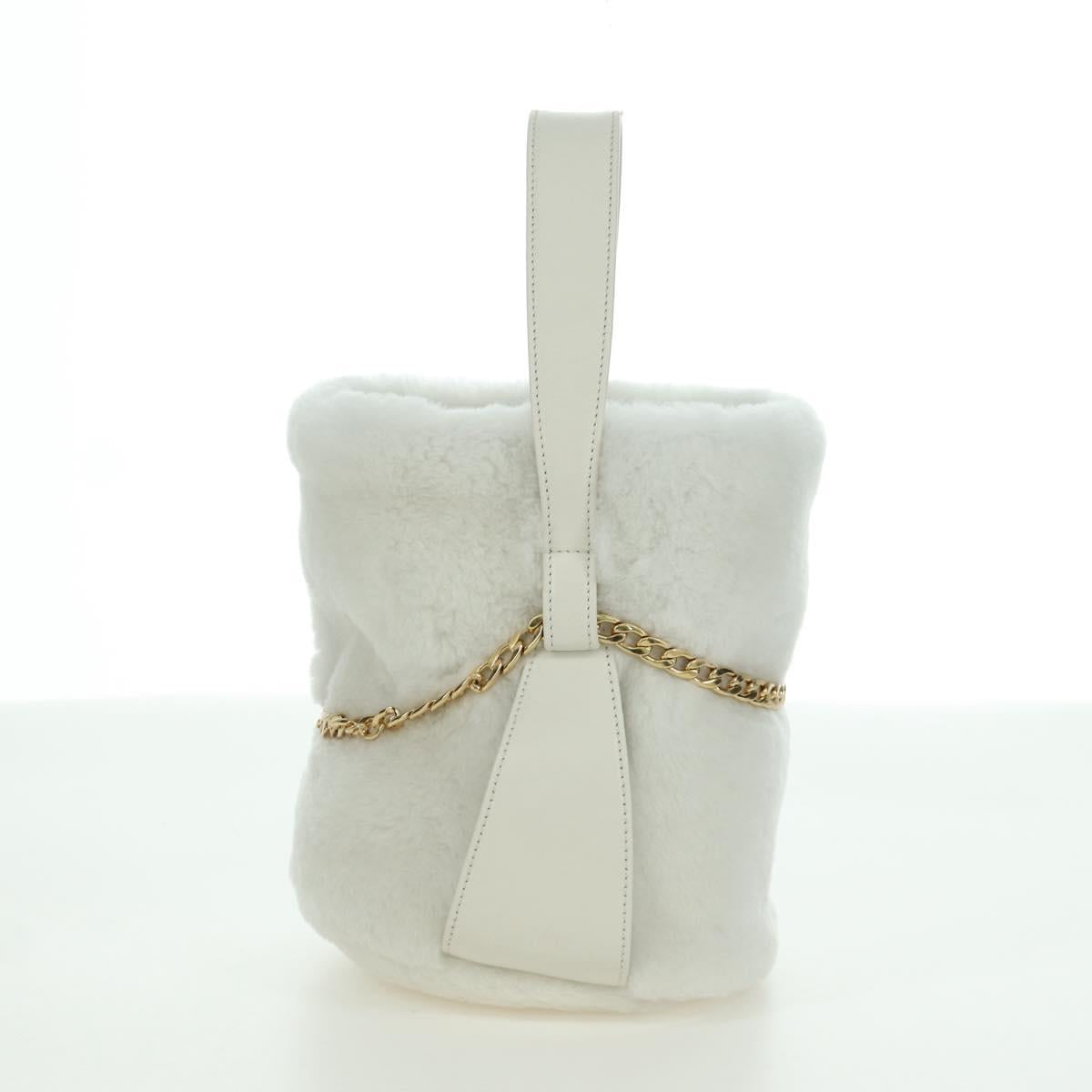 PRADA Hand Bag Fur White Gold Auth 173332SM