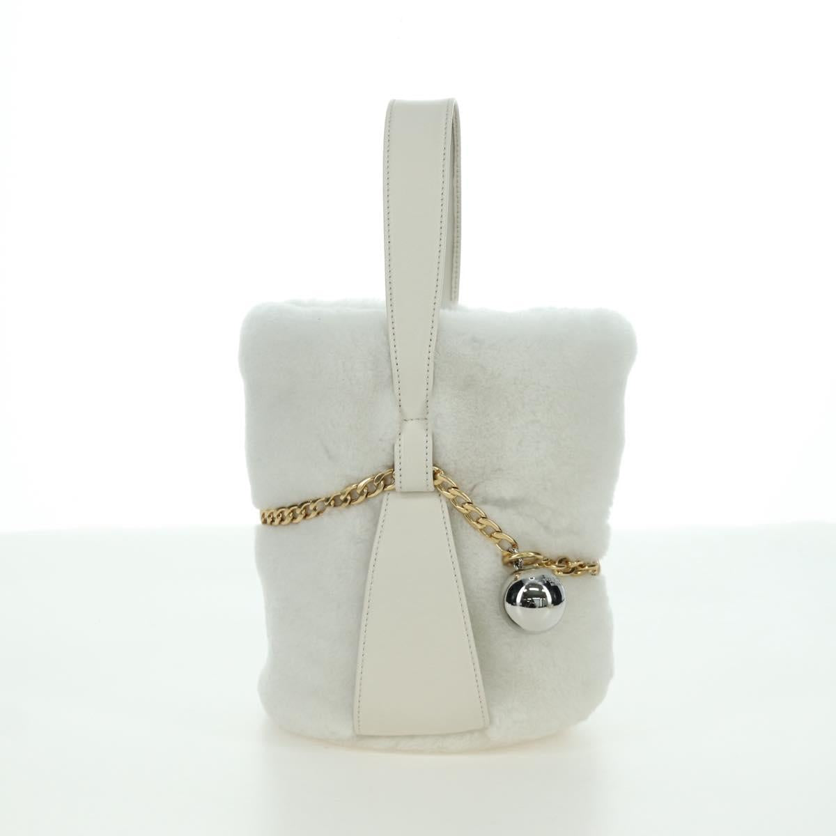 PRADA Hand Bag Fur White Gold Auth 173332SM