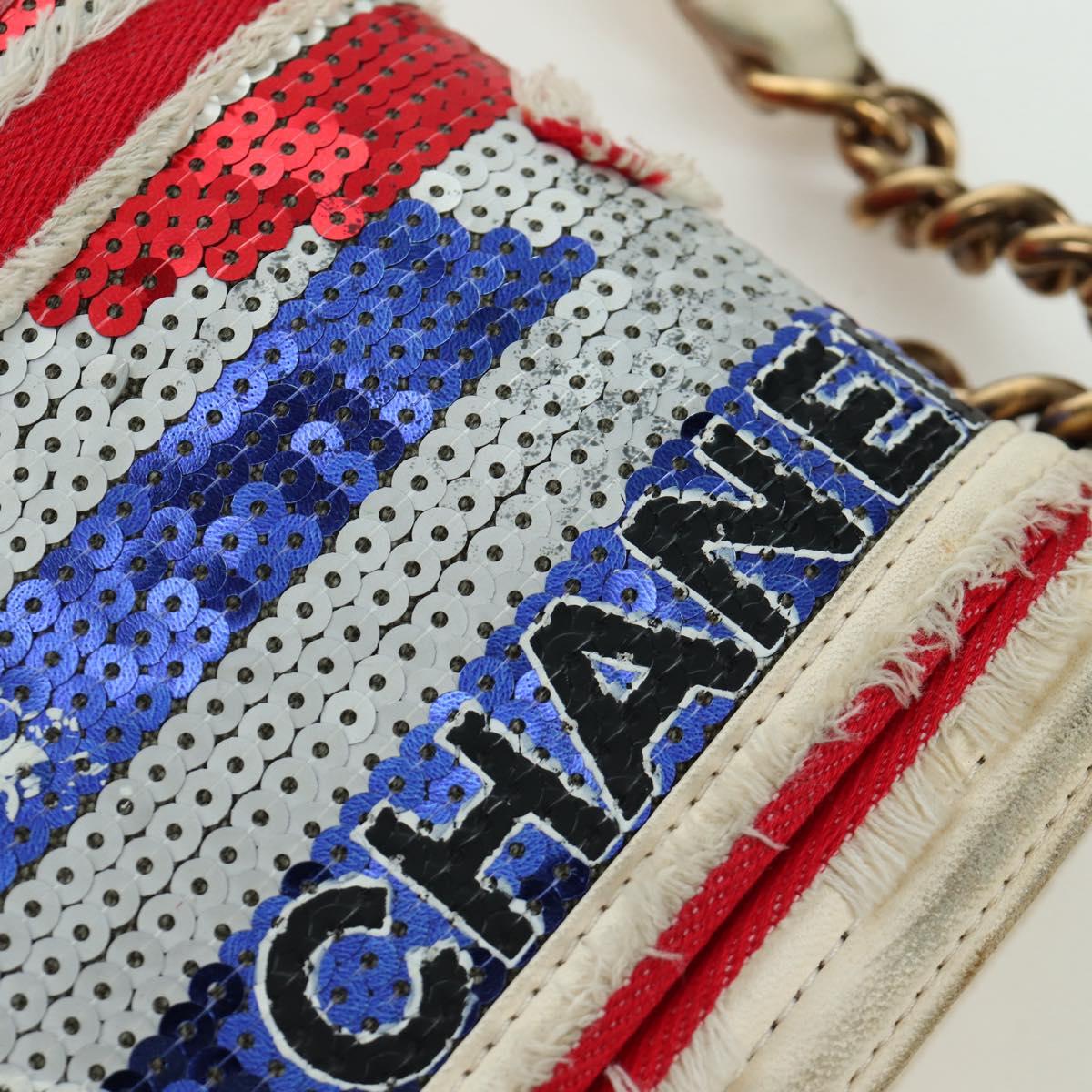 CHANEL Boy Chanel 28 Cuba Chain Sequin Bag Leather Gold CC Auth 173370SAM