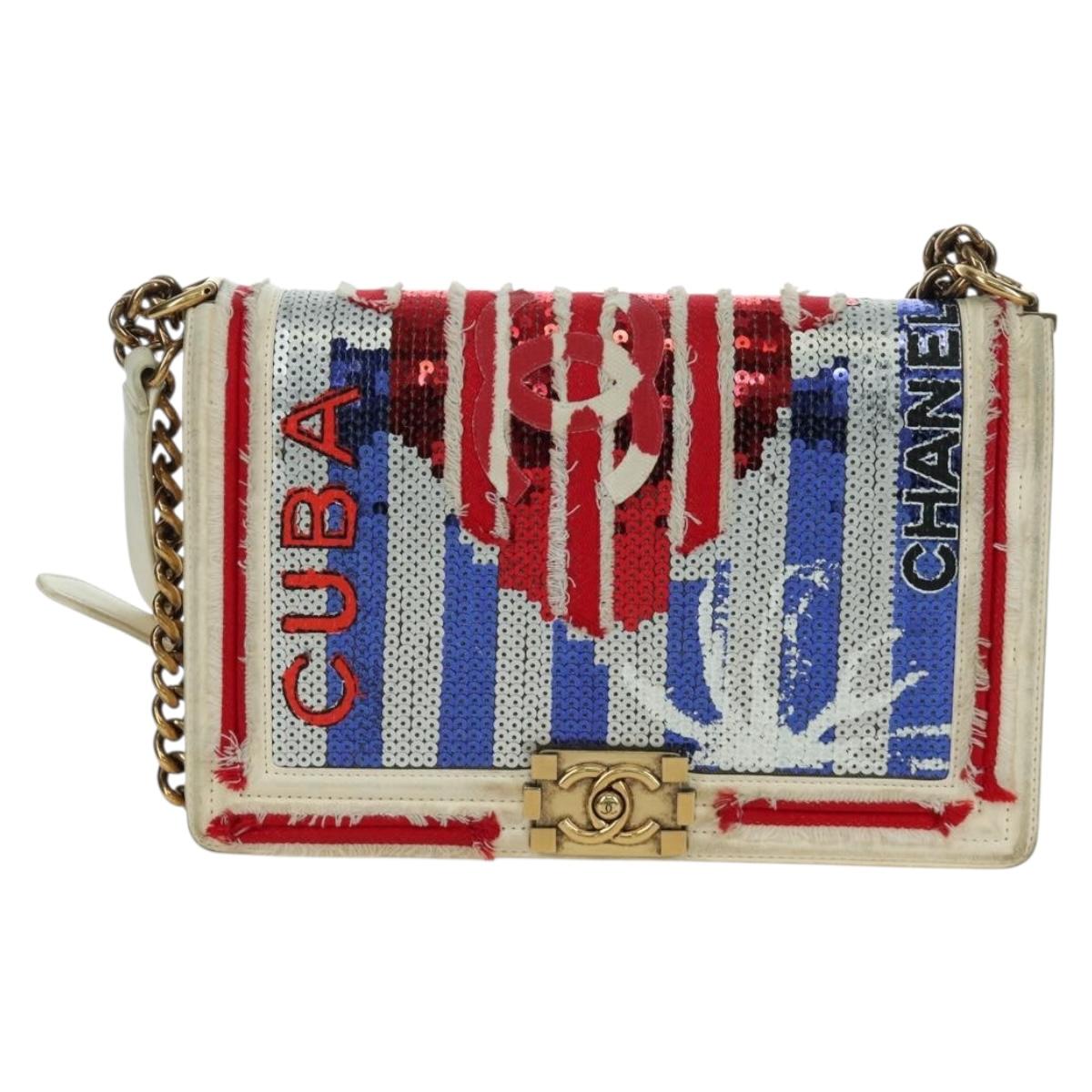 CHANEL Boy Chanel 28 Cuba Chain Sequin Bag Leather Gold CC Auth 173370SAM