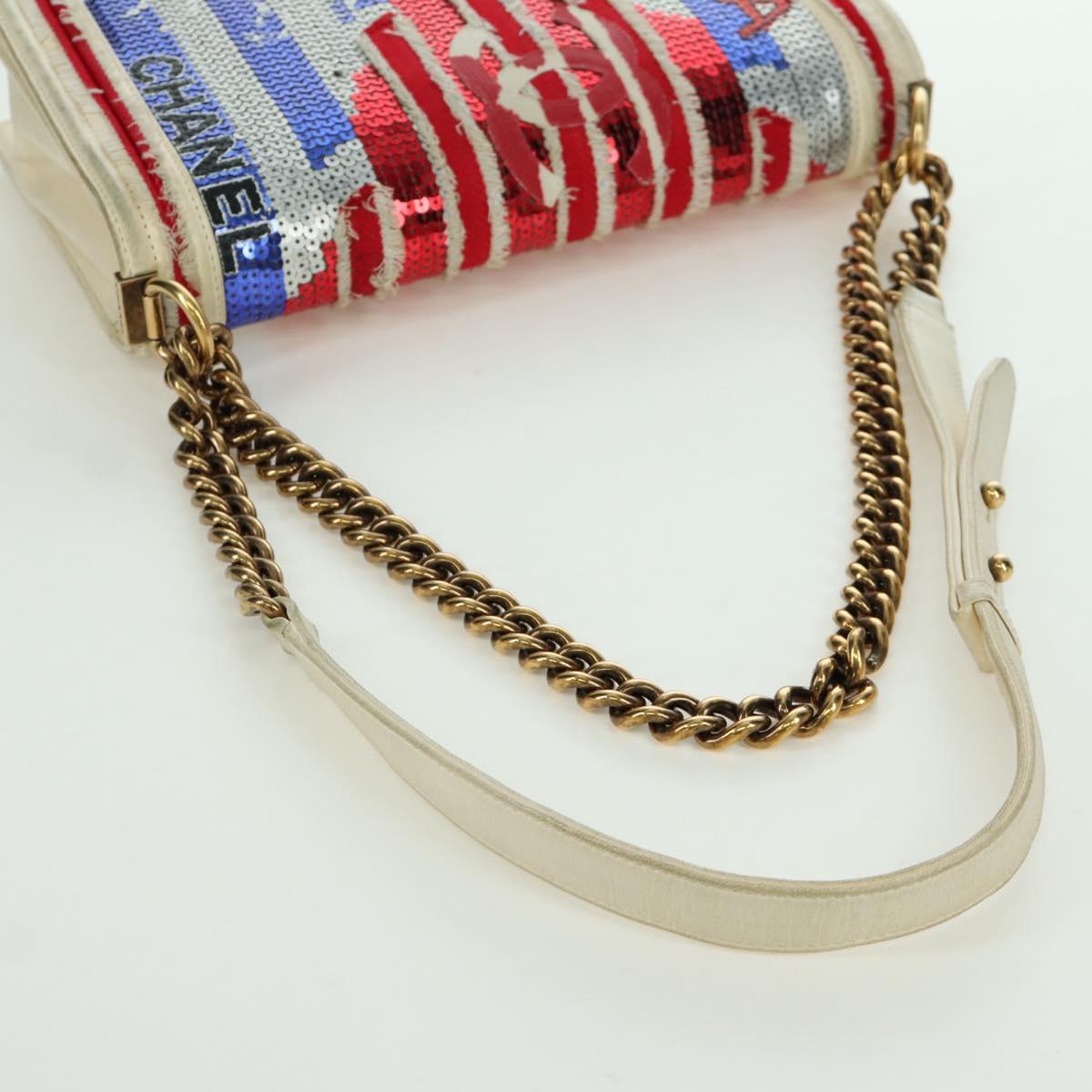 CHANEL Boy Chanel 28 Cuba Chain Sequin Bag Leather Gold CC Auth 173370SAM