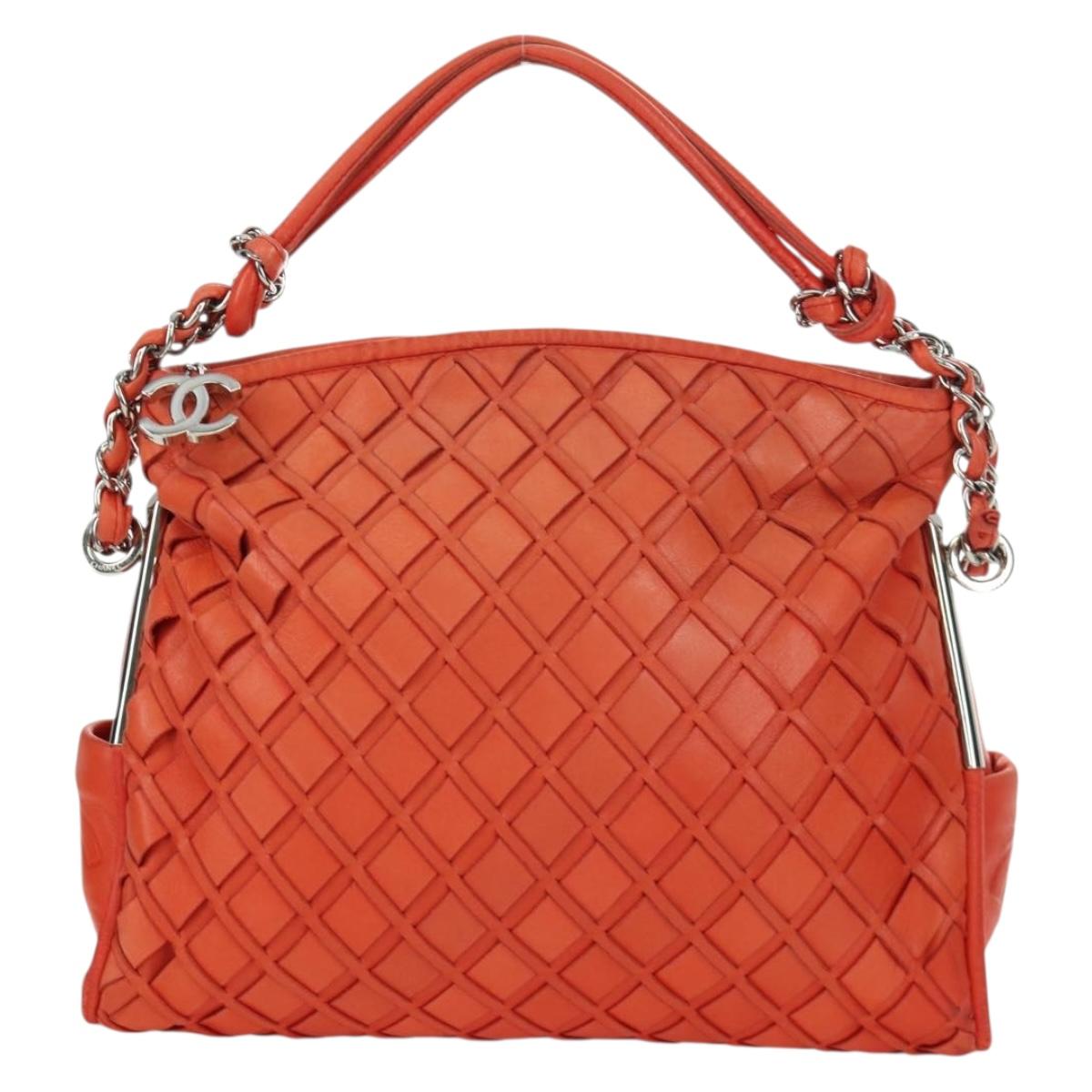 CHANEL Chain Shoulder Bag Lamb Skin Orange Silver CC Auth 173371A