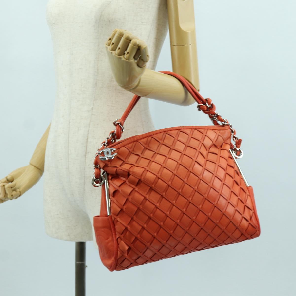 CHANEL Chain Shoulder Bag Lamb Skin Orange Silver CC Auth 173371A