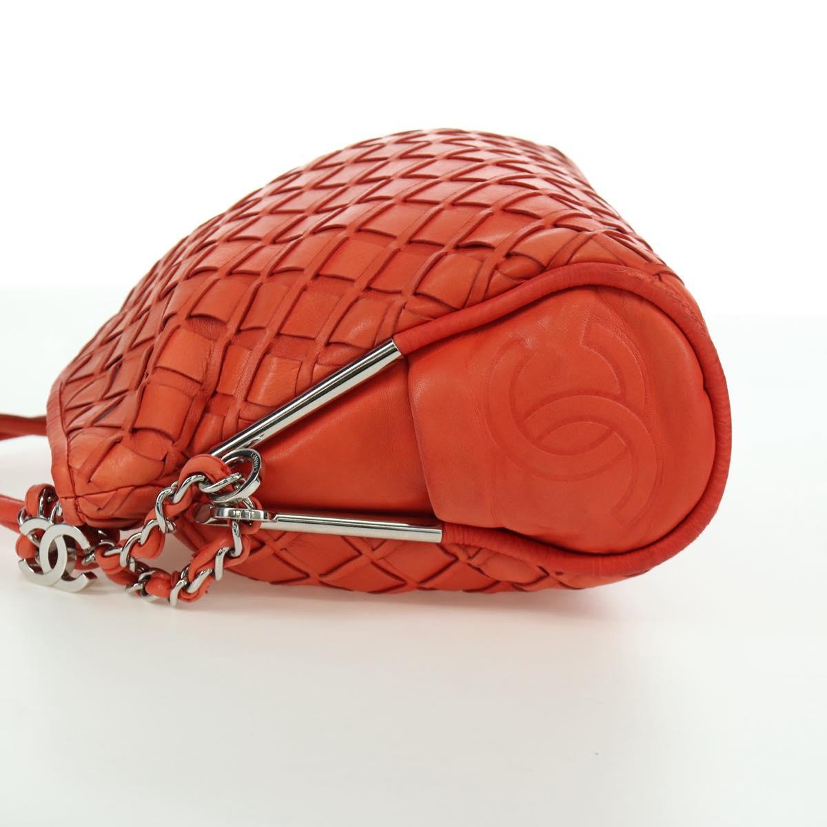 CHANEL Chain Shoulder Bag Lamb Skin Orange Silver CC Auth 173371A