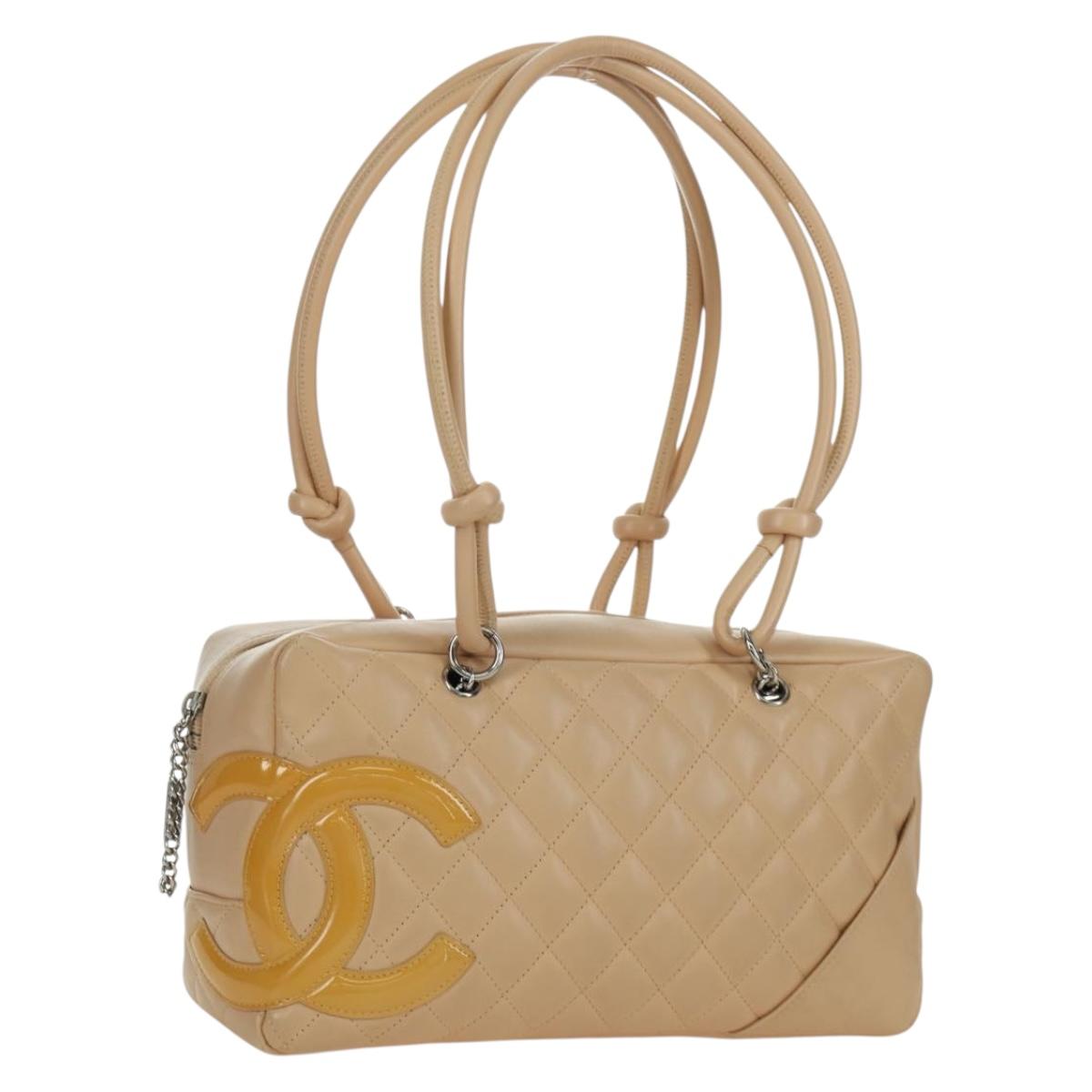 CHANEL Cambon Line Matelasse Hand Bag Lamb Skin Beige Silver CC Auth 173372SAM