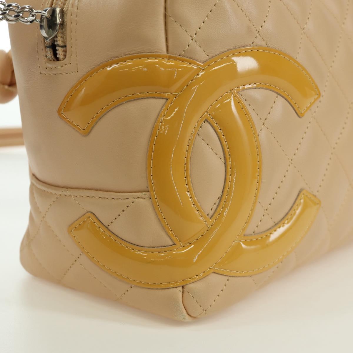 CHANEL Cambon Line Matelasse Hand Bag Lamb Skin Beige Silver CC Auth 173372SAM