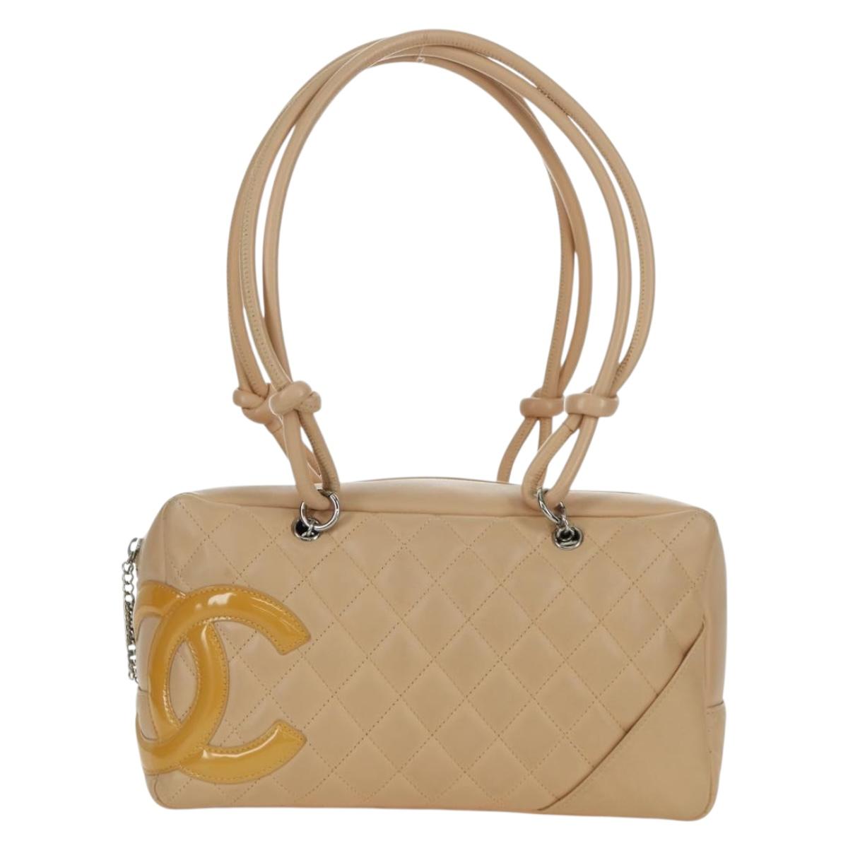 CHANEL Cambon Line Matelasse Hand Bag Lamb Skin Beige Silver CC Auth 173372SAM