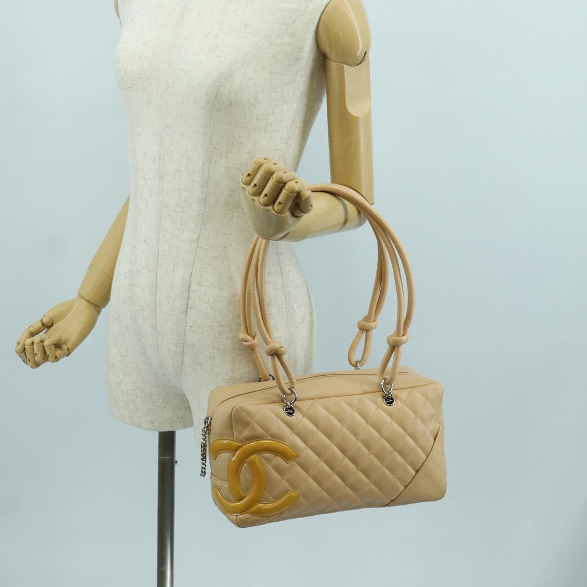 CHANEL Cambon Line Matelasse Hand Bag Lamb Skin Beige Silver CC Auth 173372SAM