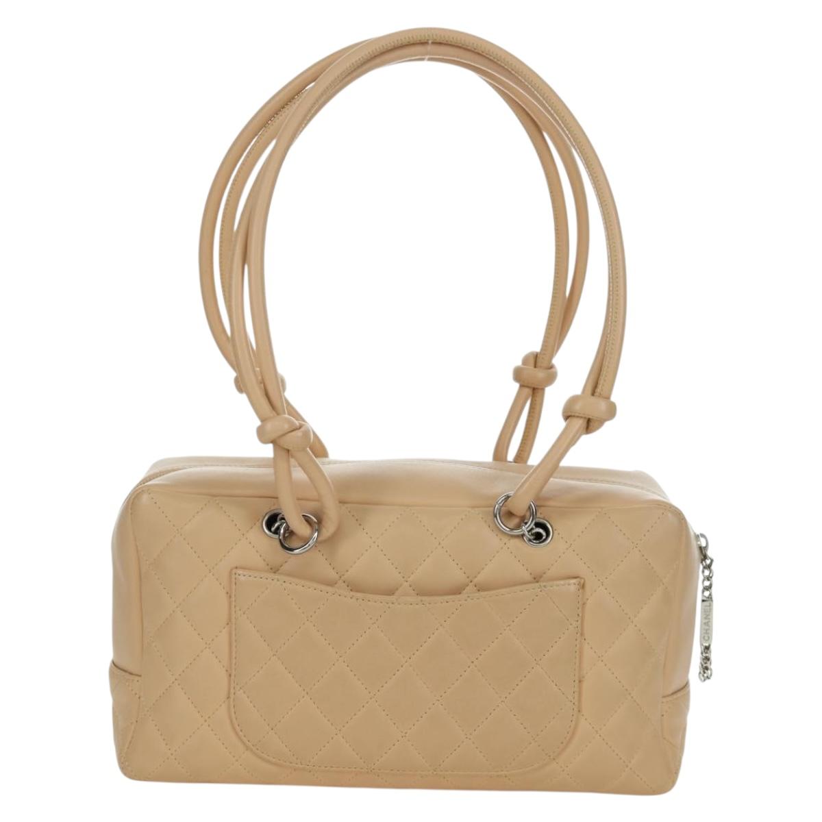 CHANEL Cambon Line Matelasse Hand Bag Lamb Skin Beige Silver CC Auth 173372SAM