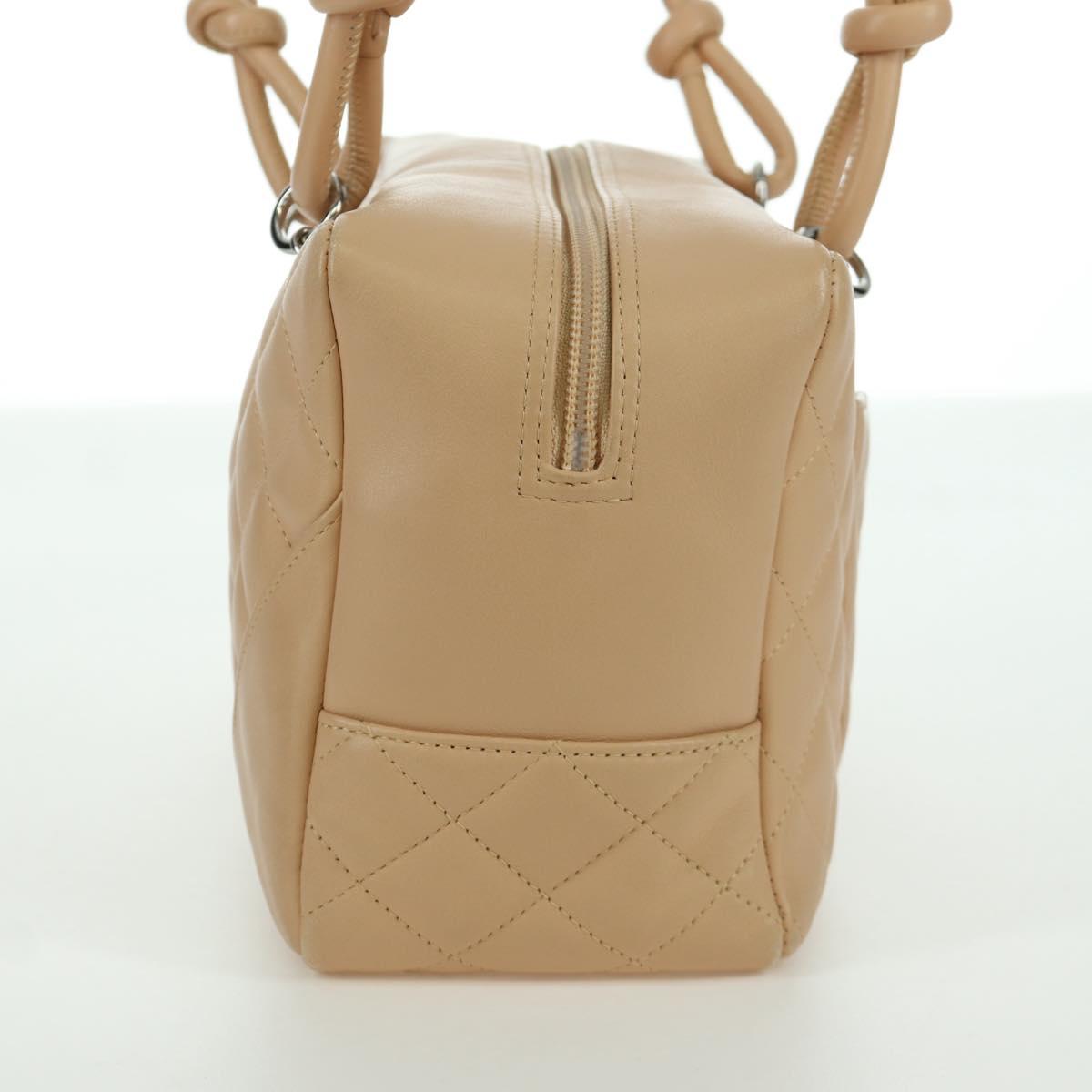 CHANEL Cambon Line Matelasse Hand Bag Lamb Skin Beige Silver CC Auth 173372SAM