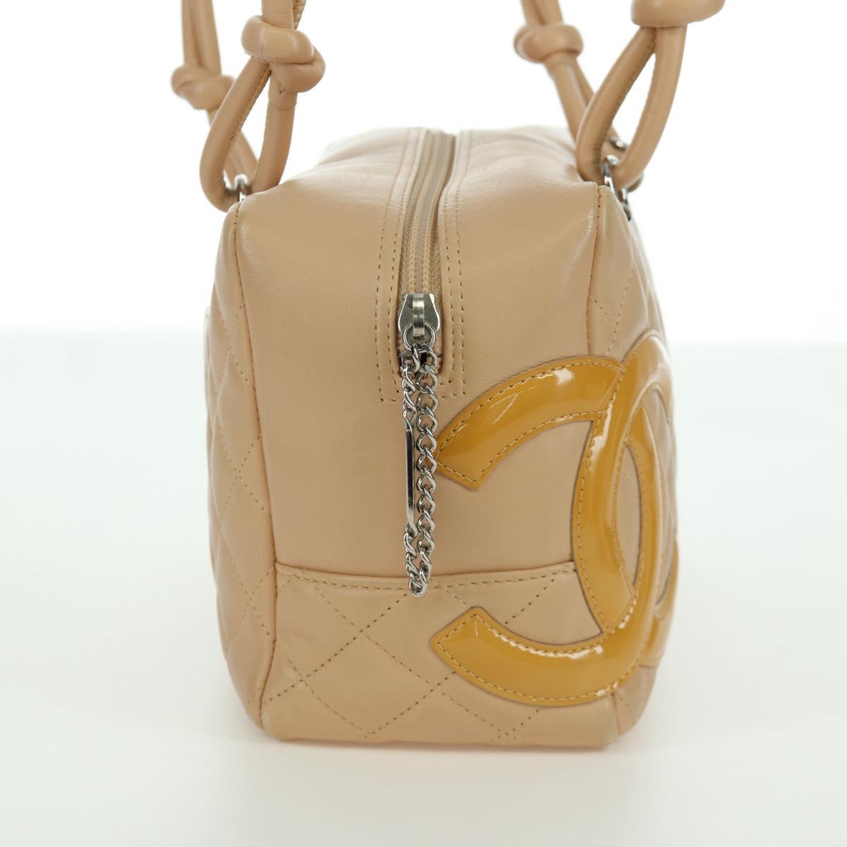 CHANEL Cambon Line Matelasse Hand Bag Lamb Skin Beige Silver CC Auth 173372SAM