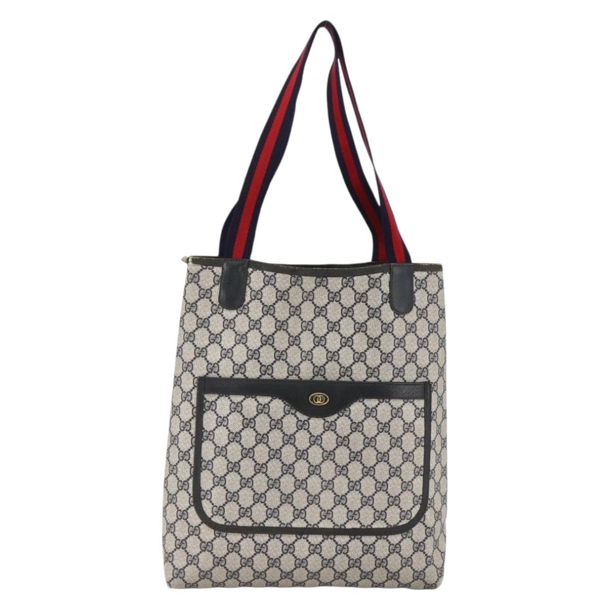 GUCCI GG Supreme Sherry Line Tote Bag PVC Navy Gold Red 39 02 003 Auth 173389