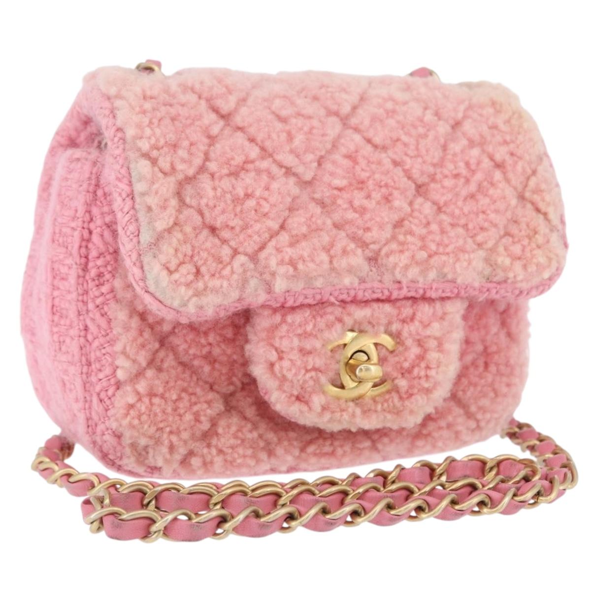 CHANEL Mini Matelasse 15 Chain Shoulder Bag Wool Pink Gold CC Auth 173407SAM