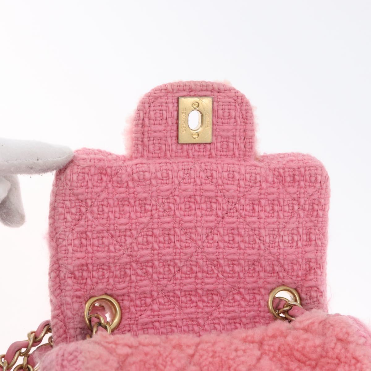 CHANEL Mini Matelasse 15 Chain Shoulder Bag Wool Pink Gold CC Auth 173407SAM