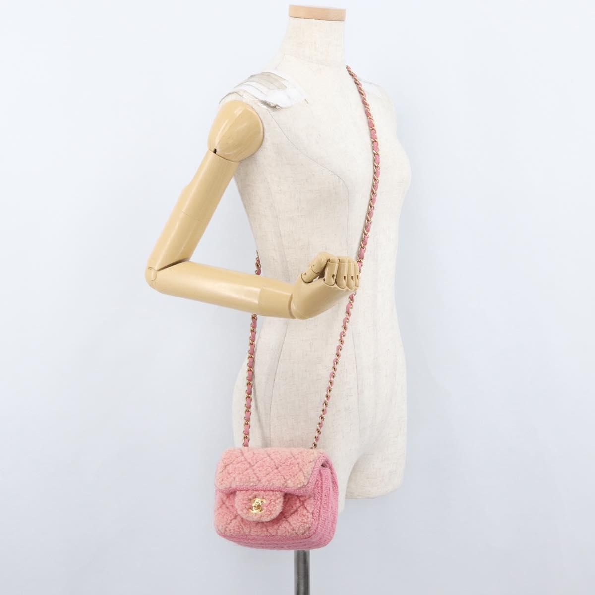 CHANEL Mini Matelasse 15 Chain Shoulder Bag Wool Pink Gold CC Auth 173407SAM