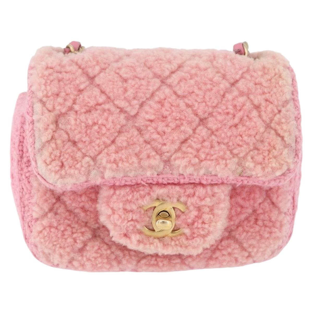 CHANEL Mini Matelasse 15 Chain Shoulder Bag Wool Pink Gold CC Auth 173407SAM