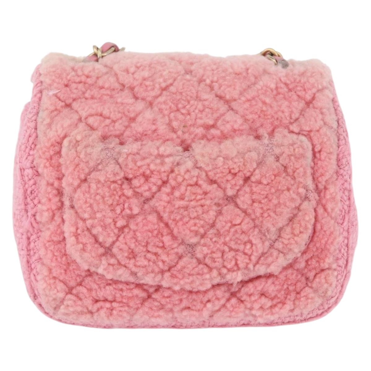 CHANEL Mini Matelasse 15 Chain Shoulder Bag Wool Pink Gold CC Auth 173407SAM