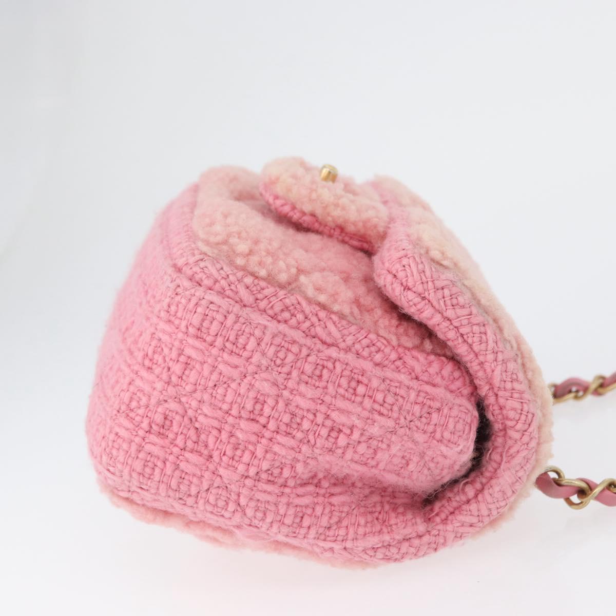 CHANEL Mini Matelasse 15 Chain Shoulder Bag Wool Pink Gold CC Auth 173407SAM