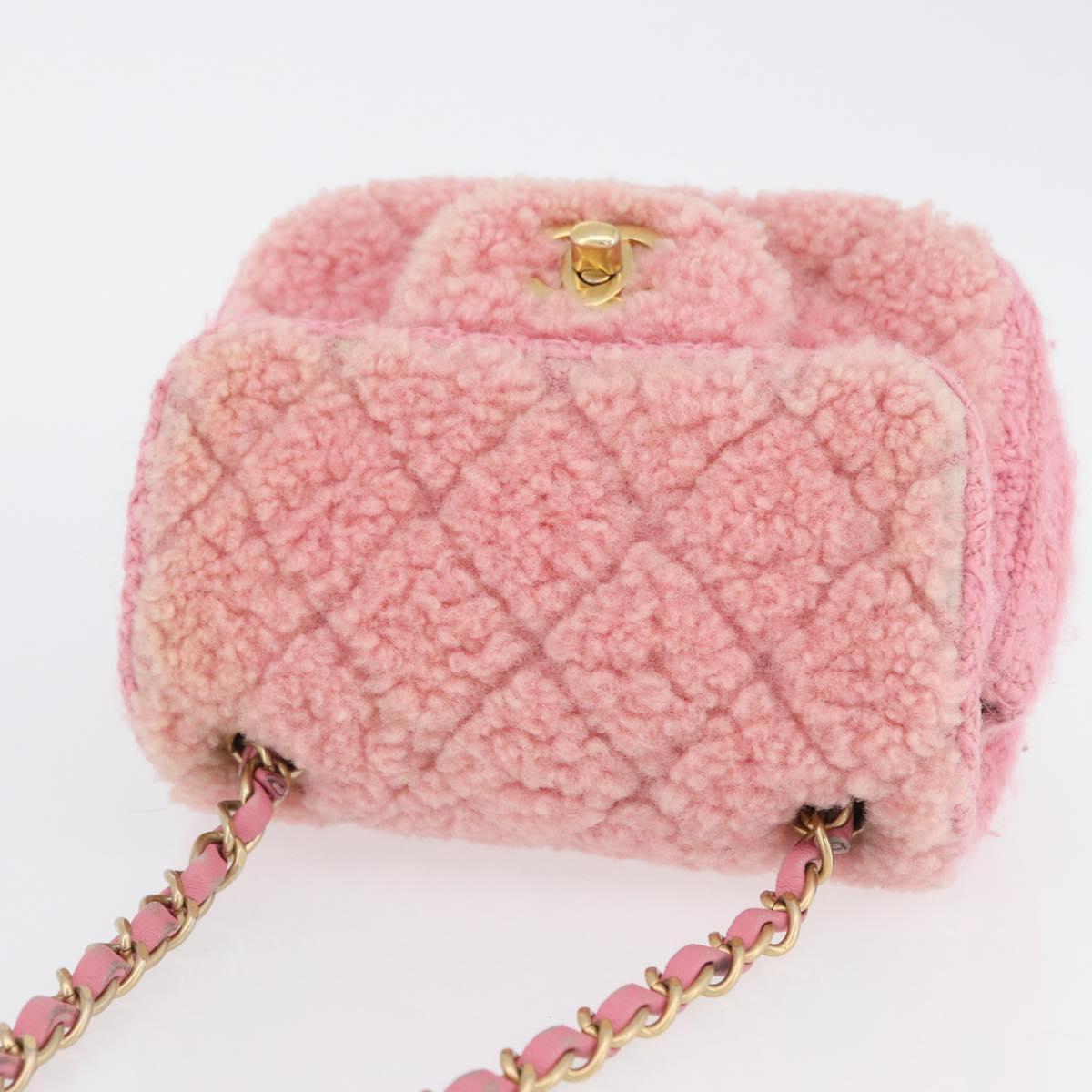 CHANEL Mini Matelasse 15 Chain Shoulder Bag Wool Pink Gold CC Auth 173407SAM