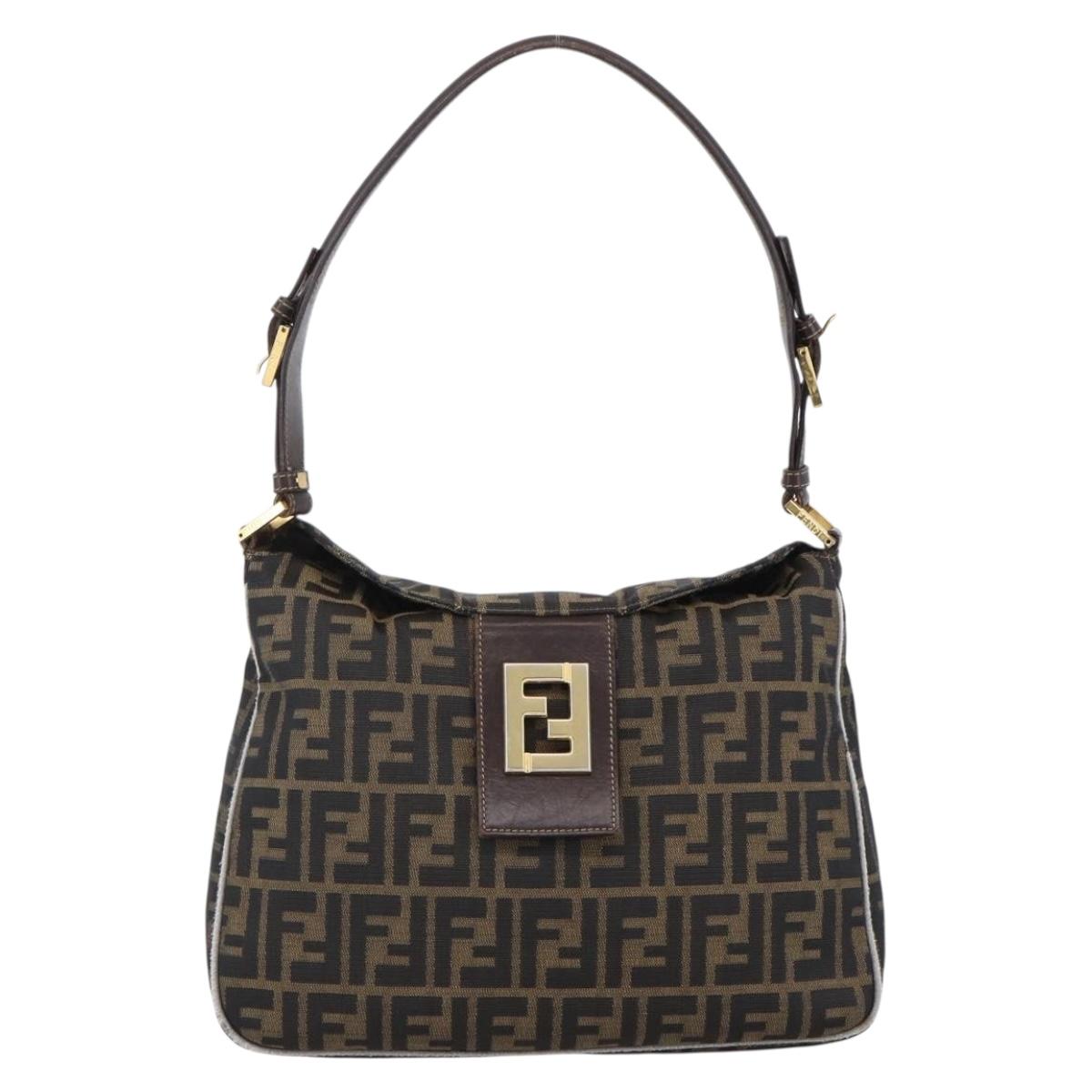 FENDI Zucca Canvas Shoulder Bag Brown Black Auth 173418