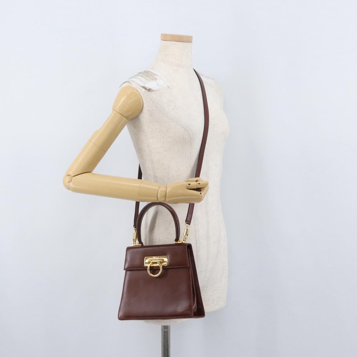 Salvatore Ferragamo Gancini Hand Bag Leather 2way Brown Gold Auth 173424