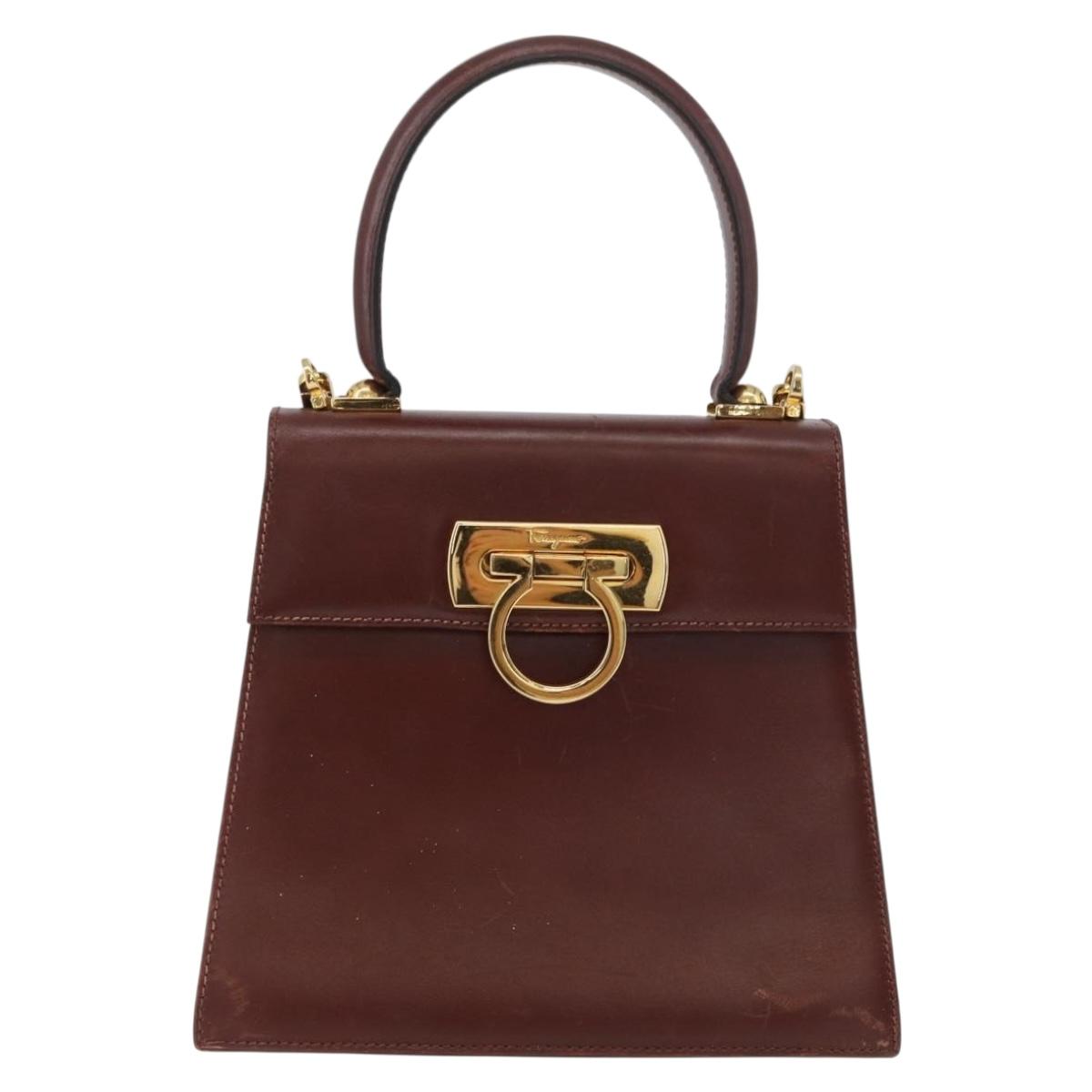 Salvatore Ferragamo Gancini Hand Bag Leather 2way Brown Gold Auth 173424