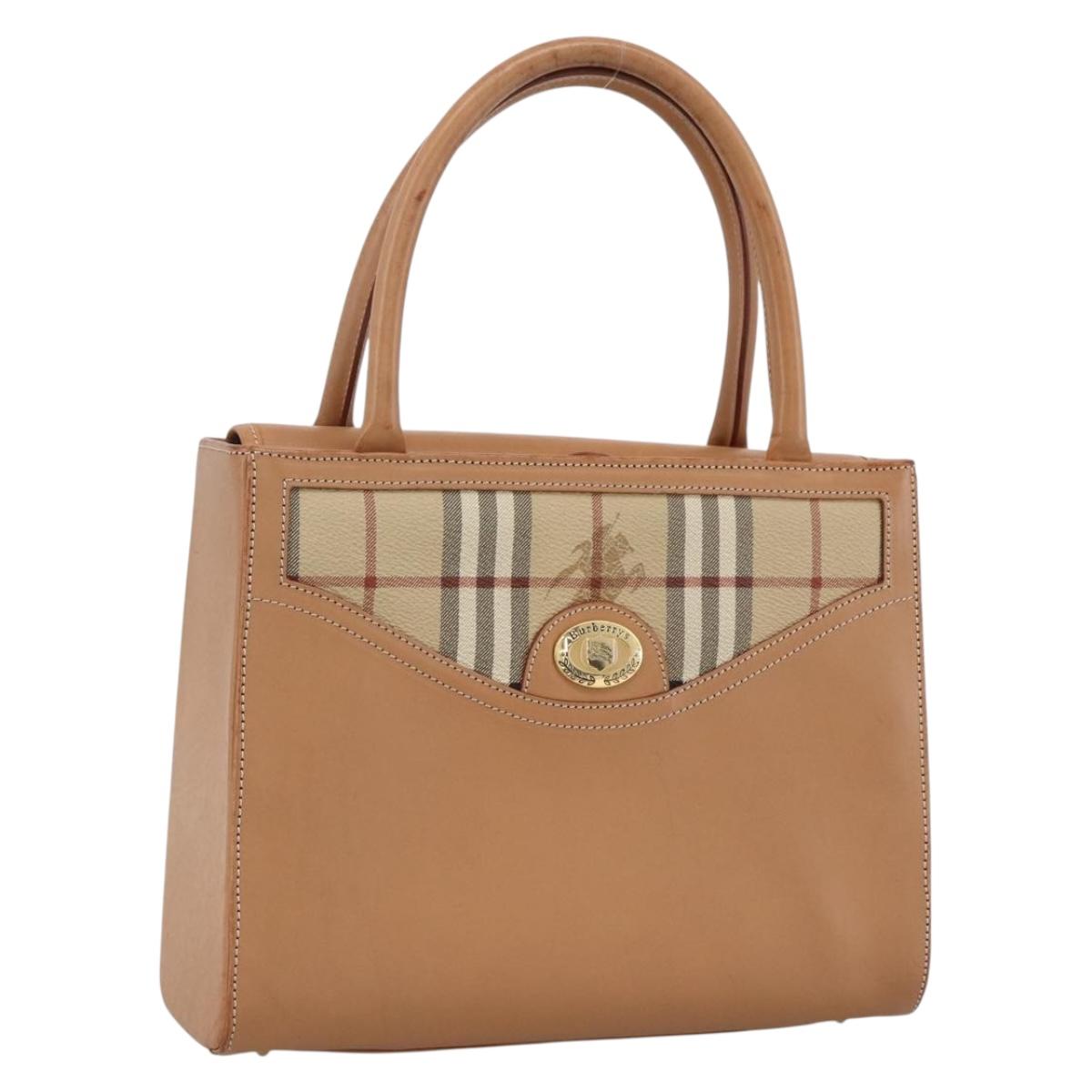 Burberrys Nova Check Hand Bag Leather Beige Gold Auth 173439