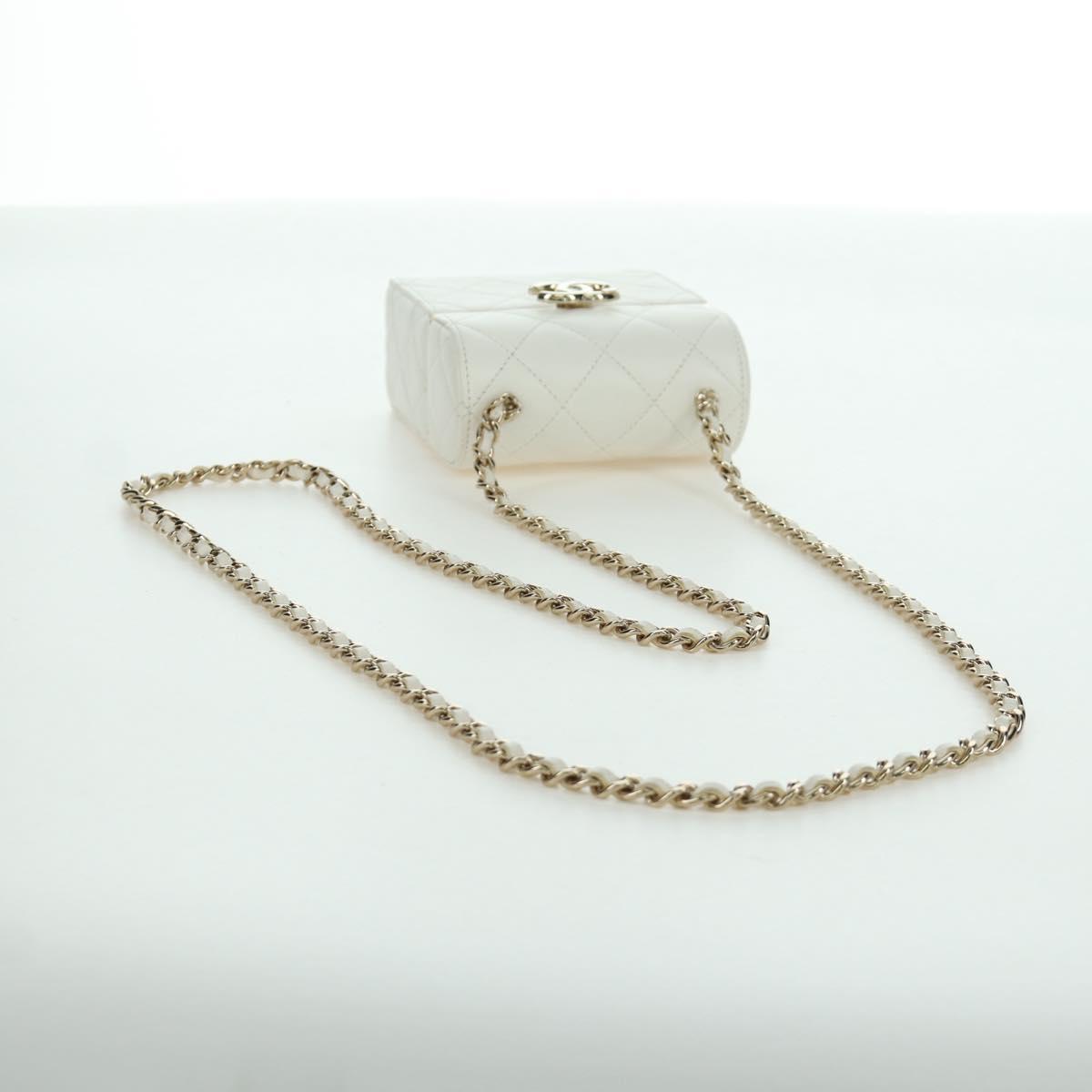 CHANEL Matelasse Chain Shoulder Bag Lamb Skin White Gold CC Auth 173442SAM