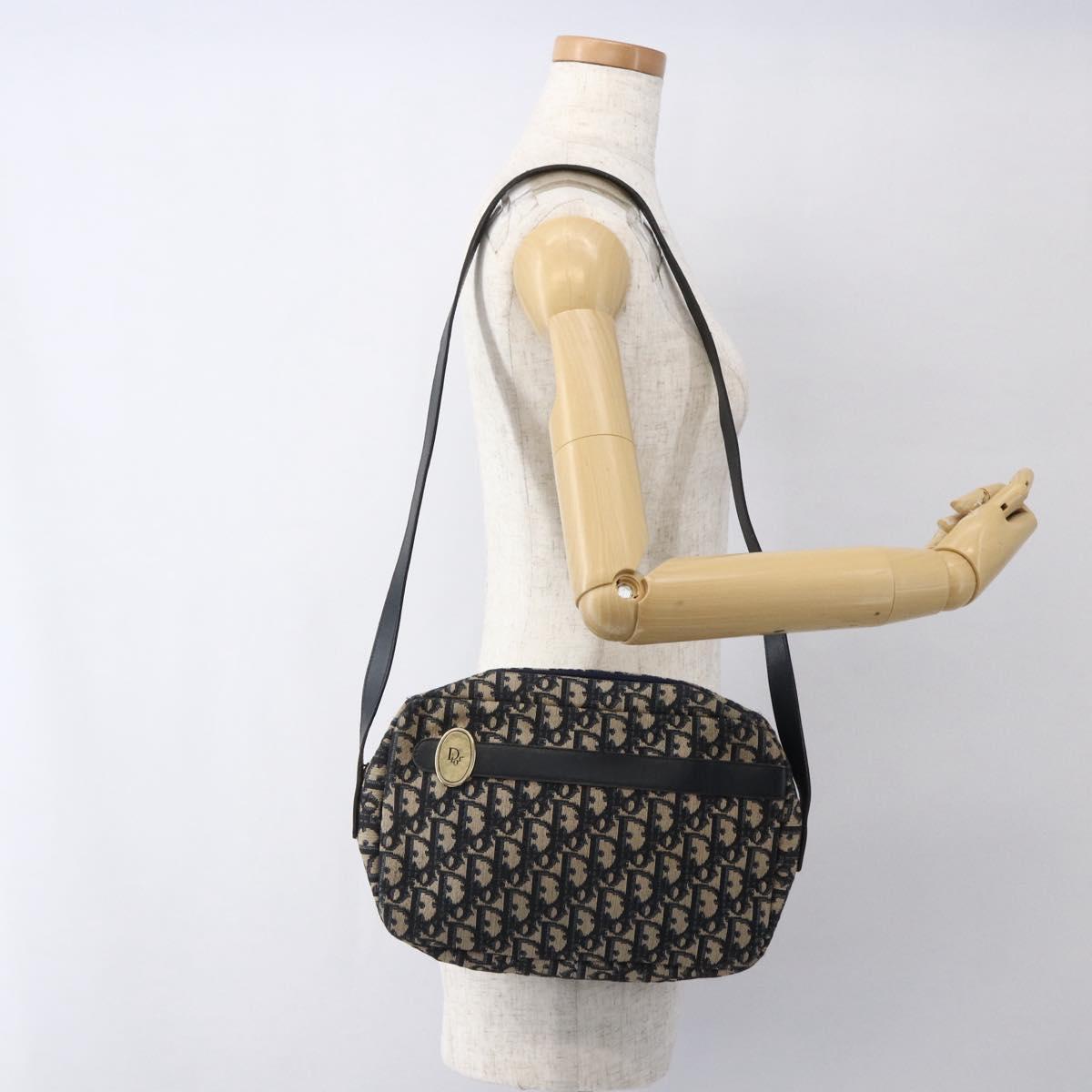 Christian Dior Trotter Canvas Shoulder Bag Navy Gold Auth 173463