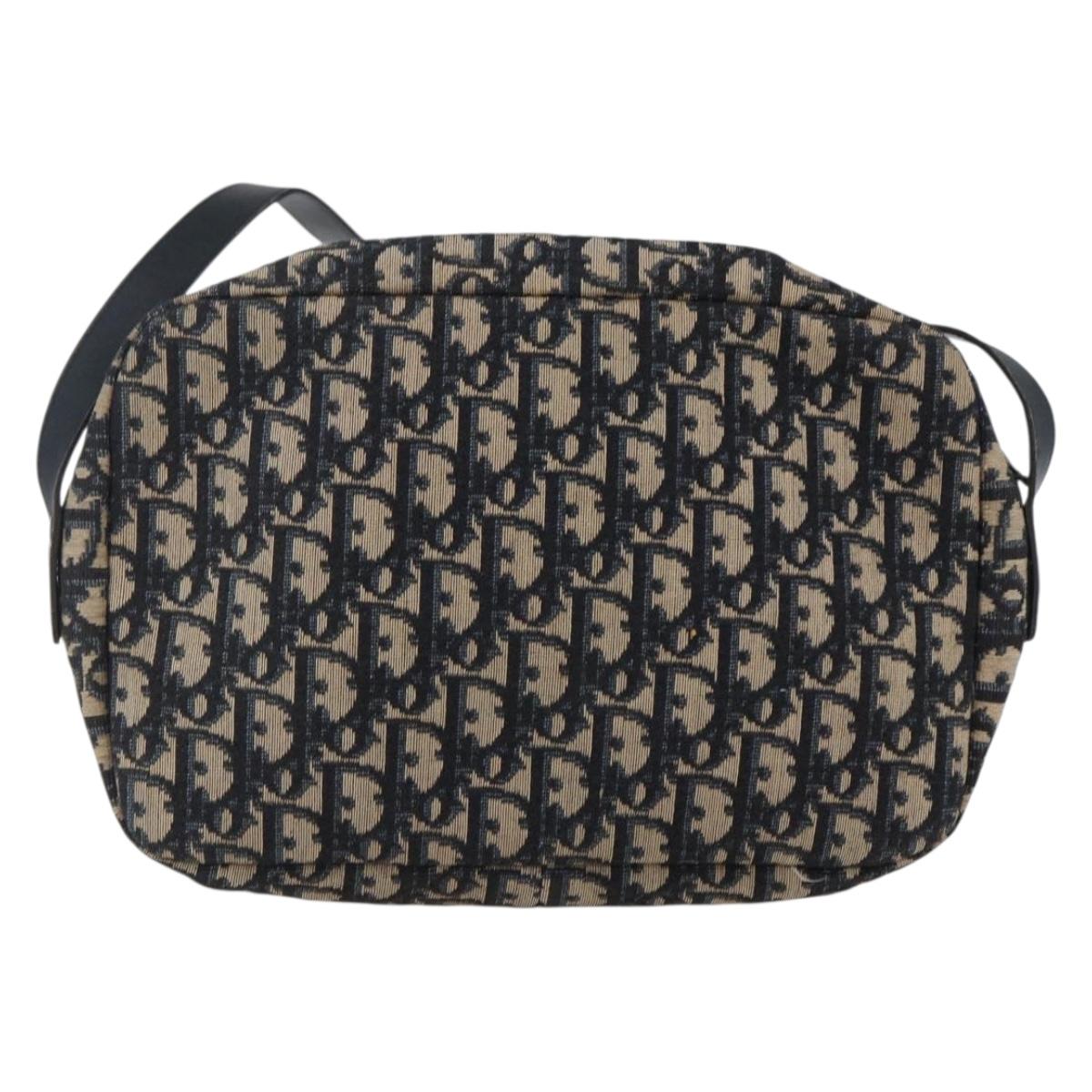 Christian Dior Trotter Canvas Shoulder Bag Navy Gold Auth 173463