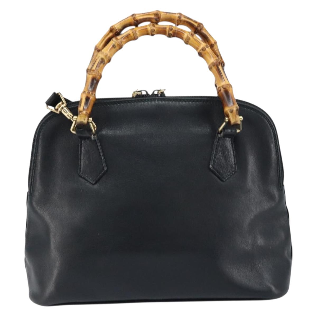 GUCCI Bamboo Hand Bag Leather 2way Black Gold 000 2122 0290 Auth 173468