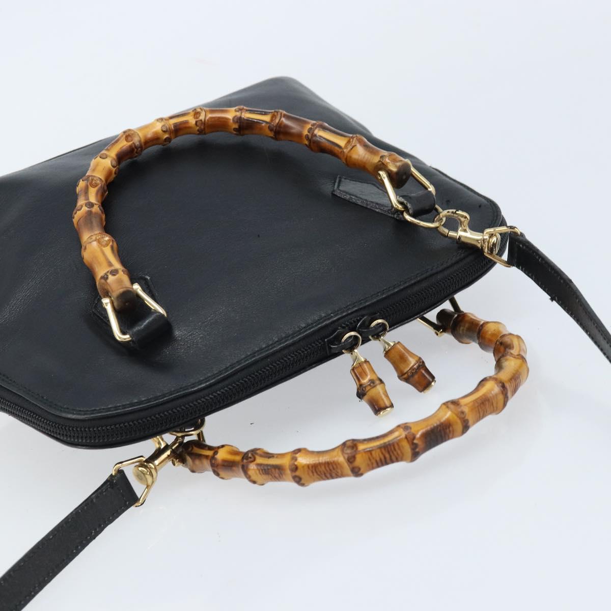GUCCI Bamboo Hand Bag Leather 2way Black Gold 000 2122 0290 Auth 173468