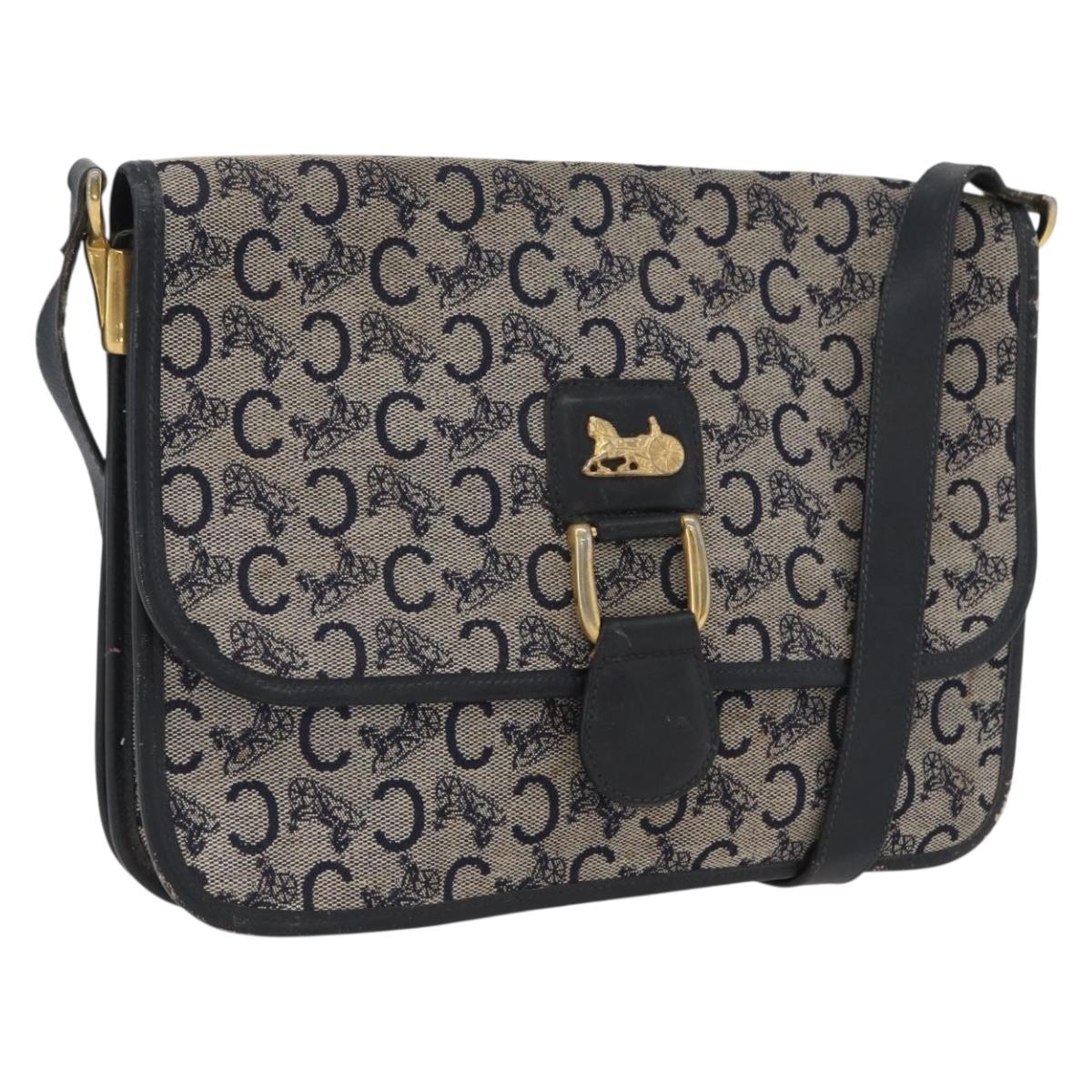 CELINE C Macadam Canvas Shoulder Bag Navy Gold Auth 173478