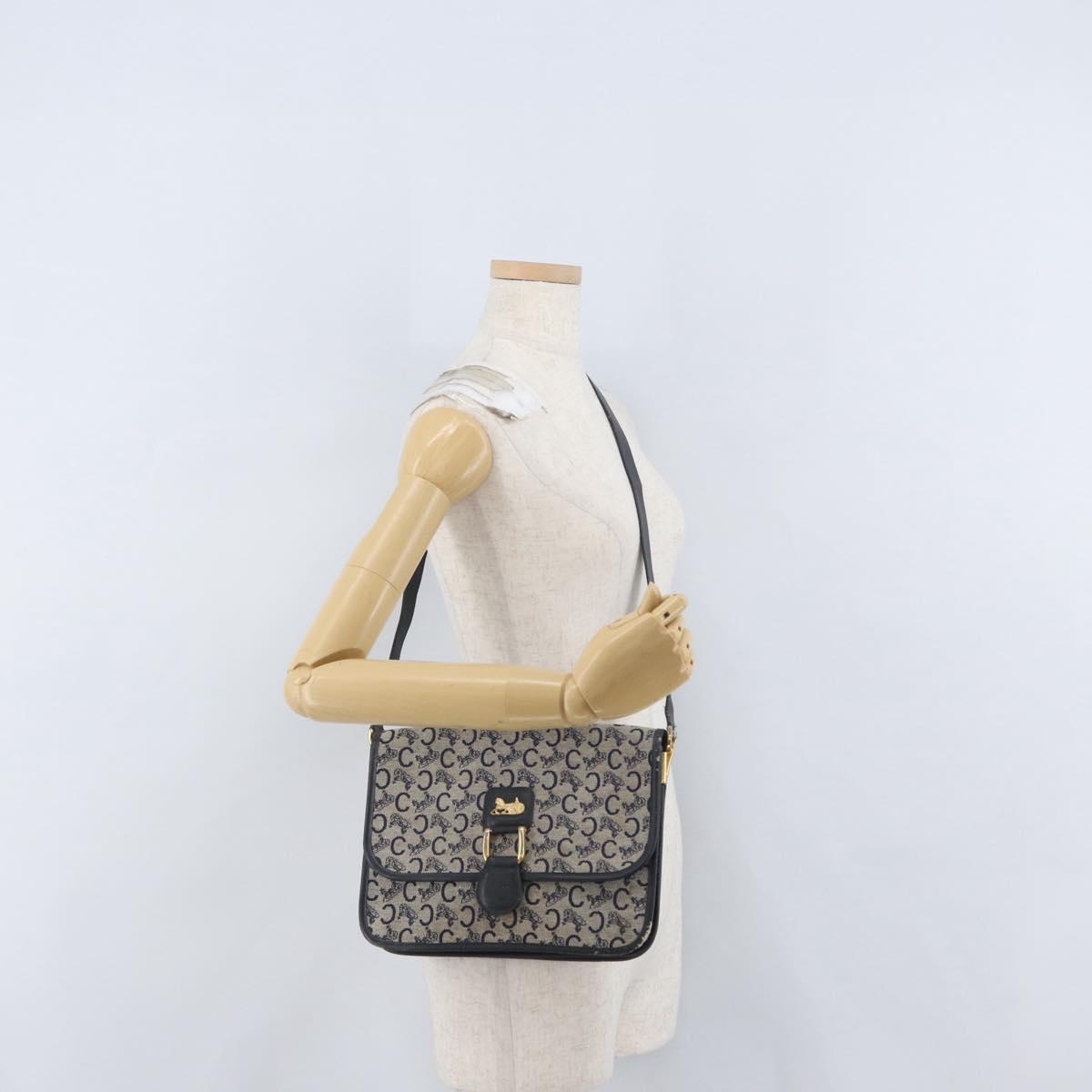 CELINE C Macadam Canvas Shoulder Bag Navy Gold Auth 173478