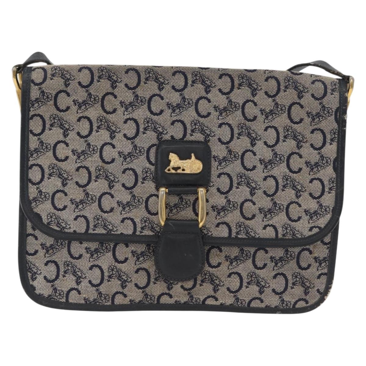 CELINE C Macadam Canvas Shoulder Bag Navy Gold Auth 173478