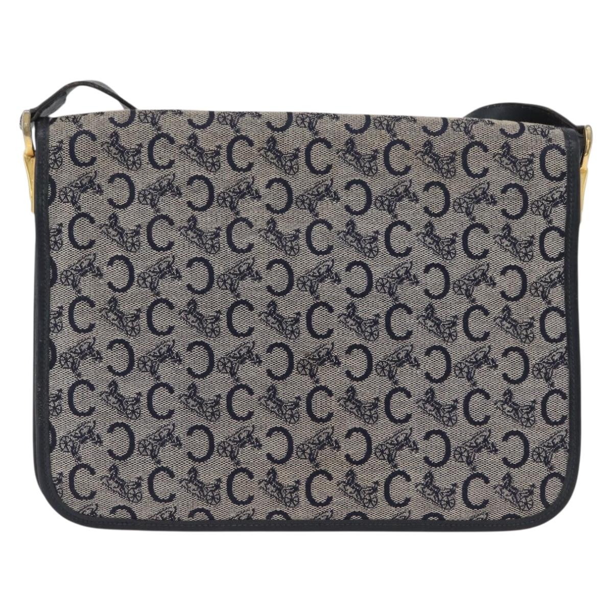 CELINE C Macadam Canvas Shoulder Bag Navy Gold Auth 173478